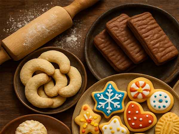 Verschiedene weihnachtliche Kekse auf Holztellern, darunter bunt verzierte Plätzchen, klassische Butterkekse, Schokokekse sowie ein Nudelholz im Hintergrund.